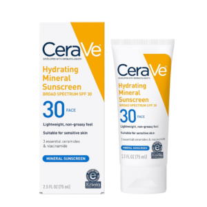 cerave sunscreen, CeraVe 100% Mineral Sunscreen SPF 30, Zinc & Titanium formula for broad-spectrum protection, Hydrating sunscreen lotion, 2.5 oz size for convenient use, Non-greasy mineral sunscreen, Dermatologist-tested sun protection, Gentle on sensitive skin, Moisturizing formula with zinc and titanium, Trusted brand for effective sun care, SPF 30 for daily protection.