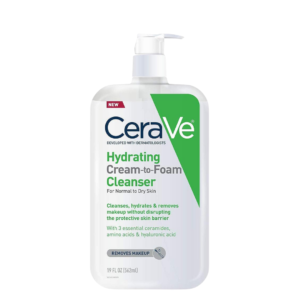 cerave hydrating cleanser, CeraVe Hydrating Cleanser, Cream-to-foam face wash, Makeup remover for gentle cleansing, 19 oz size for long-lasting use, Hydrates while removing impurities, Non-comedogenic formula, Dermatologist-recommended cleanser, Nourishes with ceramides and hyaluronic acid, Suitable for all skin types, Trusted brand for effective skincare.