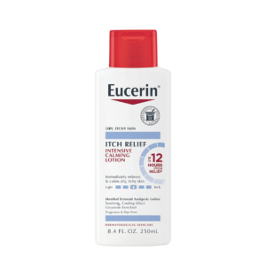 eucerin lotion, Eucerin Itch Relief Intensive Calming Lotion, Soothes sensitive, dry skin, 8.4 oz bottle for daily use, Intensive moisturization for itch relief, Dermatologist-recommended formula, Calms and hydrates irritated skin, Gentle solution for sensitive skin, Fast-acting itch relief lotion, Non-greasy, fast-absorbing formula, Eucerin quality for skin comfort.