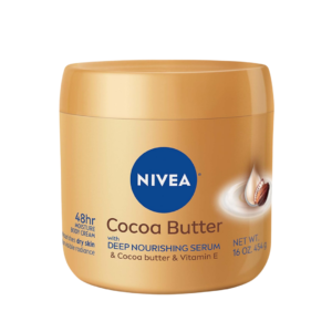 cocoa butter cream, NIVEA Cocoa Butter Body Cream, Hydration for dry skin, 16 oz tub for long-lasting moisture, Rich cocoa butter formula, Nourishes and softens skin, Intensive care for dryness, Fast-absorbing body moisturizer, Smooth, supple skin with cocoa butter, Dermatologically tested formula, Trusted brand for body hydration.