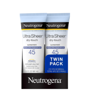 neutrogena ultra sheer sunscreen, Neutrogena Ultra Sheer SPF 45 Sunscreen Lotion, Twin pack for double the protection, 3 fl oz bottles for on-the-go use, Broad-spectrum UVA/UVB protection, Lightweight and non-greasy formula, Fast-absorbing sunscreen lotion, Dermatologist-tested sun protection, Shields against sunburn and premature aging, Ideal for daily outdoor activities, Trusted brand for effective sun care.