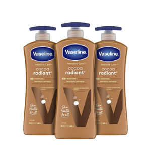 vaseline lotion, Vaseline Intensive Care Cocoa Radiant Lotion, 20.3 oz size for deep hydration, Hydrates dry skin with cocoa butter, Pack of 3 for long-lasting moisture, Nourishes and softens rough skin, Fast-absorbing formula, Dermatologist-tested skincare, Restores radiance to dull skin, Trusted brand for intense hydration, Cocoa butter lotion for smooth, healthy skin.